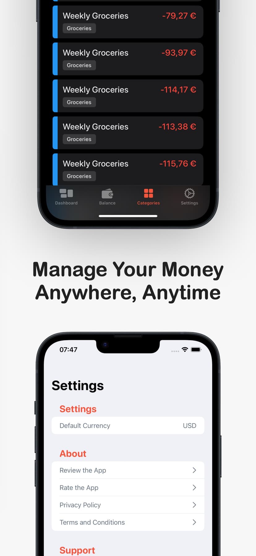 Expenses app receipt scanning and transaction details